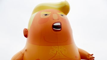 LONDON, UNITED KINGDOM - JUNE 4: A Trump Baby Blimp flies outside Westminster on June 4, 2019 in London, England. President Trump's three-day state visit began with lunch with the Queen, followed by a State Banquet at Buckingham Palace, whilst today he will attend business meetings with the Prime Minister and the Duke of York, before travelling to Portsmouth to mark the 75th anniversary of the D-Day landings. (Photo By Alex McBride/Getty Images)