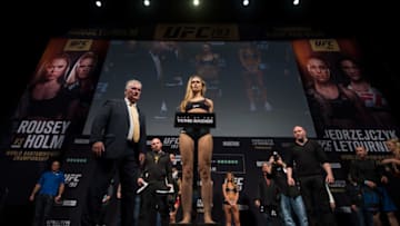 MELBOURNE, AUSTRALIA - NOVEMBER 14: UFC women's bantamweight champion Ronda Rousey of the United States steps on the scale during the UFC 193 weigh-in at Etihad Stadium on November 14, 2015 in Melbourne, Australia. (Photo by Brandon Magnus/Zuffa LLC/Zuffa LLC via Getty Images)