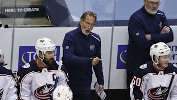 TORONTO, ONTARIO - AUGUST 11: Head coach John Tortorella of the Columbus Blue Jackets handles bench duties during the second period against the Tampa Bay Lightning in Game One of the Eastern Conference First Round during the 2020 NHL Stanley Cup Playoffs at Scotiabank Arena on August 11, 2020 in Toronto, Ontario, Canada. (Photo by Elsa/Getty Images)