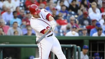 Sep 14, 2016; Washington, DC, USA; Washington Nationals catcher Wilson Ramos (40) hits a solo home run against the New York Mets during the seventh inning at Nationals Park. The Washington Nationals won 1-0. Mandatory Credit: Brad Mills-USA TODAY Sports
