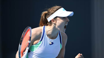 HOBART, AUSTRALIA - JANUARY 14: Alize Cornet of France reacts during her first round match against Alison Van Uytvanck of Belgium on day four of the 2020 Hobart International at the Domain Tennis Centre on January 14, 2020 in Hobart, Australia. (Photo by Steve Bell/Getty Images)