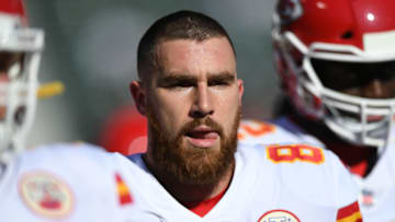 OAKLAND, CA - DECEMBER 02: Travis Kelce #87 of the Kansas City Chiefs warms up prior to their game against the Oakland Raiders during their NFL game at Oakland-Alameda County Coliseum on December 2, 2018 in Oakland, California. (Photo by Thearon W. Henderson/Getty Images)