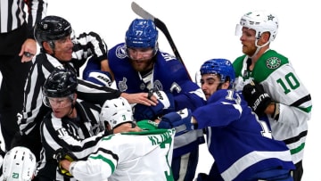 EDMONTON, ALBERTA - SEPTEMBER 21: Victor Hedman #77 and Cedric Paquette #13 of the Tampa Bay Lightning scuffle with John Klingberg #3 of the Dallas Stars during the second period in Game Two of the 2020 NHL Stanley Cup Final at Rogers Place on September 21, 2020 in Edmonton, Alberta, Canada. (Photo by Bruce Bennett/Getty Images)