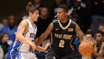 DURHAM, NC - NOVEMBER 30: Mo Williams #2 of the Army Black Knights moves the ball against Grayson Allen #3 of the Duke Blue Devils during a game at Cameron Indoor Stadium on November 30, 2014 in Durham, North Carolina. Duke defeated Army 93-73. (Photo by Lance King/Getty Images)