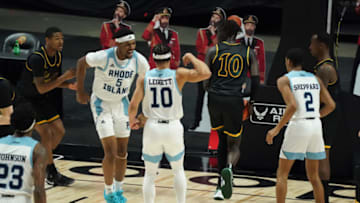 Nov 29, 2020; Uncasville, Connecticut, USA; Rhode Island Rams guard Ishmael Leggett (10) reacts after his basket against the San Francisco Dons in the second half at Mohegan Sun Arena. Mandatory Credit: David Butler II-USA TODAY Sports