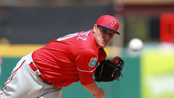 Mar 21, 2016; Lakeland, FL, USA; Philadelphia Phillies relief pitcher David Hernandez (30) throws a warm up pitch during the seventh inning against the Detroit Tigers at Joker Marchant Stadium. Mandatory Credit: Kim Klement-USA TODAY Sports