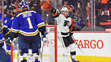 Nov 8, 2022; Philadelphia, Pennsylvania, USA; Philadelphia Flyers left wing Noah Cates (49) celebrates his goal against the St. Louis Blues during the second period at Wells Fargo Center. Mandatory Credit: Eric Hartline-USA TODAY Sports