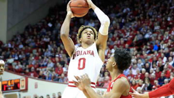 BLOOMINGTON, IN - JANUARY 14: Romeo Langford #0 of the Indiana Hoosiers shoots the ball against the Nebraska Cornhuskers at Assembly Hall on January 14, 2019 in Bloomington, Indiana. (Photo by Andy Lyons/Getty Images)