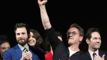 LOS ANGELES, CA - APRIL 22: (L-R) Chris Evans and Robert Downey Jr. speak onstage during the Los Angeles World Premiere of Marvel Studios' "Avengers: Endgame" at the Los Angeles Convention Center on April 23, 2019 in Los Angeles, California. (Photo by Jesse Grant/Getty Images for Disney)