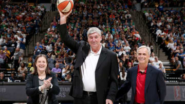 MINNEAPOLIS, MN - JULY 28: Carley Knox, Bill Laimbeer, and Mark Dayton announce Las Vegas as the location for WNBA All-Star 2019 during the Verizon WNBA All-Star Game 2018 on July 28, 2018 at the Target Center in Minneapolis, Minnesota. NOTE TO USER: User expressly acknowledges and agrees that, by downloading and/or using this photograph, user is consenting to the terms and conditions of the Getty Images License Agreement. Mandatory Copyright Notice: Copyright 2018 NBAE (Photo by David Sherman/NBAE via Getty Images)
