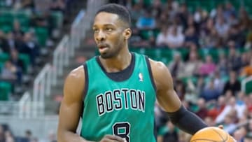 Feb 24, 2014; Salt Lake City, UT, USA; Boston Celtics small forward Jeff Green (8) dribbles the ball during the first half against the Utah Jazz at EnergySolutions Arena. Mandatory Credit: Russ Isabella-USA TODAY Sports