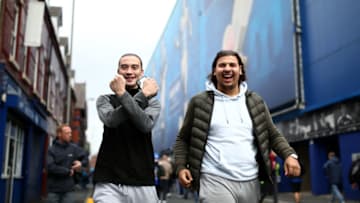 LIVERPOOL, ENGLAND - OCTOBER 17: West Ham fans arrive at the stadium prior to during the Premier League match between Everton and West Ham United at Goodison Park on October 17, 2021 in Liverpool, England. (Photo by Jan Kruger/Getty Images)