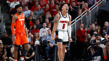 LOUISVILLE, KY - FEBRUARY 19: Lamarr Kimble #0 of Louisville Cardinals celebrates in the second half of a game against the Syracuse Orange at KFC YUM! Center on February 19, 2020 in Louisville, Kentucky. Louisville defeated Syracuse 90-66. (Photo by Joe Robbins/Getty Images)
