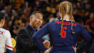 University of Arizona Head Coach Dave Rubio (left) talks with University of Arizona Outside Hitter Katie Smoot (right) during a timeout against Arizona State on Sep. 26, 2019 in Tempe, Ariz.Uscp 77a79tlw6fr15a3vjbxe Original