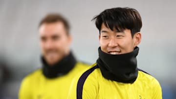 TURIN, ITALY - FEBRUARY 12: Heung-Min Son of Tottenham Hotspur looks on during the Tottenham Hotspur FC Training Session ahead of there UEFA Champions League Round of 16 match against Juventus at Allianz Stadium on February 12, 2018 in Turin, Italy. (Photo by Michael Regan/Getty Images)