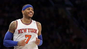 Mar 5, 2016; New York, NY, USA; New York Knicks forward Carmelo Anthony (7) reacts against the Detroit Pistons during the second half at Madison Square Garden. The Knicks defeated the Pistons 102-89. Mandatory Credit: Adam Hunger-USA TODAY Sports