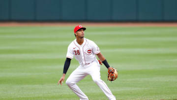 CINCINNATI, OH - SEPTEMBER 02: Jose Garcia #38 of the Cincinnati Reds plays defense at shortstop during a game against the St Louis Cardinals at Great American Ball Park on September 2, 2020 in Cincinnati, Ohio. The Reds won 4-3. (Photo by Joe Robbins/Getty Images)