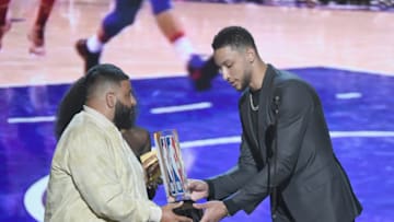 SANTA MONICA, CA - JUNE 25: DJ Khaled and Kelly Rowland present the Rookie of the Year award to Ben Simmons onstage at the 2018 NBA Awards at Barkar Hangar on June 25, 2018 in Santa Monica, California. (Photo by Kevin Winter/Getty Images for Turner Sports)