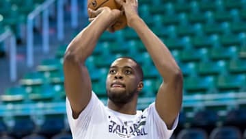 Nov 4, 2016; Salt Lake City, UT, USA; Utah Jazz forward Derrick Favors (15) warms up prior to the game against the San Antonio Spurs at Vivint Smart Home Arena. Mandatory Credit: Russ Isabella-USA TODAY Sports