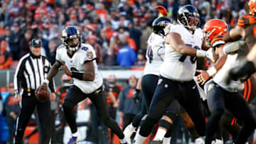 CLEVELAND, OH - DECEMBER 22: Lamar Jackson #8 of the Baltimore Ravens runs with the ball during the fourth quarter of the game against the Cleveland Browns at FirstEnergy Stadium on December 22, 2019 in Cleveland, Ohio. Baltimore defeated Cleveland 31-15. (Photo by Kirk Irwin/Getty Images)
