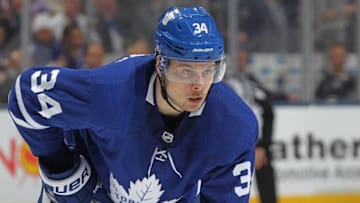 TORONTO, ON - APRIL 19: Auston Matthews #34 of the Toronto Maple Leafs waits for a puck drop against the Boston Bruins in Game Four of the Eastern Conference First Round in the 2018 Stanley Cup play-offs at the Air Canada Centre on April 19, 2018 in Toronto, Ontario, Canada. The Bruins defeated the Maple Leafs 3-1. (Photo by Claus Andersen/Getty Images) *** Local Caption *** Auston Matthews