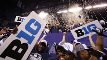 Dec 3, 2016; Indianapolis, IN, USA; Penn State Nittany Lions head coach James Franklin and his team celebrate after defeating the Wisconsin Badgers the Big Ten Championship college football game at Lucas Oil Stadium. Mandatory Credit: Brian Spurlock-USA TODAY Sports