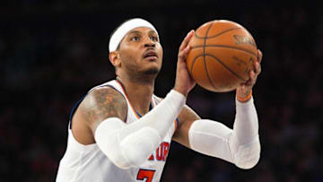 Dec 4, 2015; New York, NY, New York Knicks forward Carmelo Anthony (7) shoots a free throw in the second half at Madison Square Garden. The Knicks win 108-91. Mandatory Credit: William Hauser-USA TODAY Sports