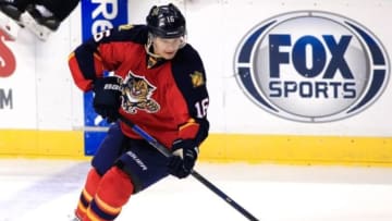 Jan 3, 2016; Sunrise, FL, USA; Florida Panthers center Aleksander Barkov (16) skates with the puck in the first period of a game against the Minnesota Wild at BB&T Center. Mandatory Credit: Robert Mayer-USA TODAY Sports