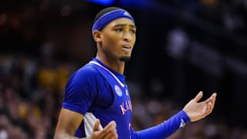 COLUMBIA, MO - DECEMBER 10: Dajuan Harris Jr. #3 of the Kansas Jayhawks reacts during the second half against the Missouri Tigers at Mizzou Arena on December 10, 2022 in Columbia, Missouri. (Photo by Jay Biggerstaff/Getty Images)