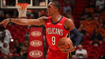 MIAMI, FL - DECEMBER 23: Rajon Rondo #9 of the New Orleans Pelicans handles the ball against the Miami Heat on December 23, 2017 at American Airlines Arena in Miami, Florida. Copyright 2017 NBAE (Photo by Issac Baldizon/NBAE via Getty Images)