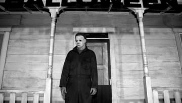 LOS ANGELES, CA - OCTOBER 17: (EDITORS NOTE: Image has been converted to black and white.) An actor portraying Michael Myers attends at the premiere of Universal Pictures' "Halloween" at the TCL Chinese Theatre on October 17, 2018 in Los Angeles, California. (Photo by Kevin Winter/Getty Images)