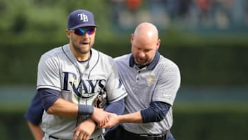 May 21, 2016; Detroit, MI, USA; Tampa Bay Rays center fielder Kevin Kiermaier (39) leaves the field after diving for a ball during the fifth inning of the game against the Detroit Tigers at Comerica Park. Mandatory Credit: Leon Halip-USA TODAY Sports