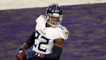 BALTIMORE, MARYLAND - NOVEMBER 22: Running back Derrick Henry #22 of the Tennessee Titans looks back after scoring the game winning touchdown in overtime against the Baltimore Ravens at M&T Bank Stadium on November 22, 2020 in Baltimore, Maryland. (Photo by Rob Carr/Getty Images)