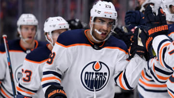 ANAHEIM, CALIFORNIA - FEBRUARY 25: Andreas Athanasiou #28 of the Edmonton Oilers celebrates his goal with the bench to tie the game 3-3 with the Anaheim Ducks during the third period in a 4-3 overtime Ducks win at Honda Center on February 25, 2020 in Anaheim, California. (Photo by Harry How/Getty Images)