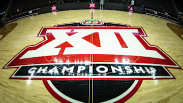 Mar 13, 2019; Kansas City, MO, USA; Big 12 logo at center court prior to the TCU Horned Frogs and the Oklahoma State Cowboys game of the first round of the Big 12 conference tournament at Sprint Center. Mandatory Credit: William Purnell-USA TODAY Sports