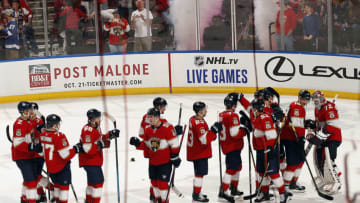 SUNRISE, FL - OCT. 5: The Florida Panthers celebrates their 4-3 win over the Tampa Bay Lightning at the BB&T Center on October 5, 2019 in Sunrise, Florida. (Photo by Eliot J. Schechter/NHLI via Getty Images)
