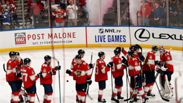 SUNRISE, FL - OCT. 5: The Florida Panthers celebrates their 4-3 win over the Tampa Bay Lightning at the BB&T Center on October 5, 2019 in Sunrise, Florida. (Photo by Eliot J. Schechter/NHLI via Getty Images)