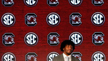 South Carolina's Kingsley Enagbare speaks to the media during SEC Media Days at the Hyatt Regency in Hoover, Ala., Monday, July 19, 2021. [Staff Photo/Gary Cosby Jr.]Sec Media Days South Carolina