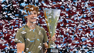 Italian tennis player Jannik Sinner celebrates with the trophy during the podium ceremony after winning the final against his Canadian opponent at the ATP 250 Sofia Open tennis tournament in Sofia, on November 14, 2020. (Photo by NIKOLAY DOYCHINOV / AFP) (Photo by NIKOLAY DOYCHINOV/AFP via Getty Images)