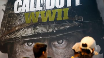 PARIS, FRANCE - NOVEMBER 04: The logo of the video game 'Call of Duty : WWII' developed by Sledgehammer and published by Activision is displayed during the 'Paris Games Week' on November 04, 2017 in Paris, France. 'Paris Games Week' is an international trade fair for video games to be held from November 01 to November 5, 2017. (Photo by Chesnot/Getty Images)
