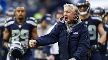 Nov 20, 2016; Seattle, WA, USA; Seattle Seahawks head coach Pete Carroll celebrates after fumble by the Philadelphia Eagles during the third quarter at CenturyLink Field. Philadelphia recovered the ball but lost 11 yards on the play. Mandatory Credit: Joe Nicholson-USA TODAY Sports