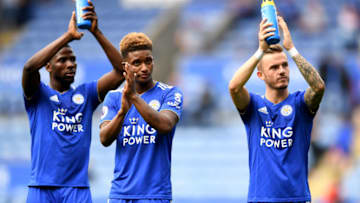 LEICESTER, ENGLAND - AUGUST 18: Kelechi Iheanacho, Demarai Gray and James Maddison of Leicester City applaud fans following the Premier League match between Leicester City and Wolverhampton Wanderers at The King Power Stadium on August 18, 2018 in Leicester, United Kingdom. (Photo by Michael Regan/Getty Images)