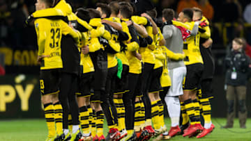 DORTMUND, GERMANY - DECEMBER 16: The team of Dortmund celebrates after winning the Bundesliga match between Borussia Dortmund and TSG 1899 Hoffenheim at Signal Iduna Park on December 16, 2017 in Dortmund, Germany. (Photo by TF-Images/TF-Images via Getty Images)