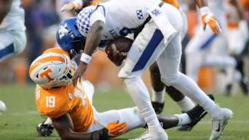 KNOXVILLE, TN - NOVEMBER 10: Terry Wilson #3 of the Kentucky Wildcats is tackled by Darrell Taylor #19 of the Tennessee Volunteers during the first half of the game between the Kentucky Wildcats and the Tennessee Volunteers at Neyland Stadium on November 10, 2018 in Knoxville, Tennessee. (Photo by Donald Page/Getty Images)