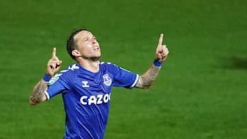 Everton's Brazilian striker Bernard celebrates after he scores his team's fourth goal during the English League Cup third round football match between Fleetwood Town and Everton at Highbury Stadium in Fleetwood, north west England, on September 23, 2020. (Photo by Dave Thompson / POOL / AFP) / RESTRICTED TO EDITORIAL USE. No use with unauthorized audio, video, data, fixture lists, club/league logos or 'live' services. Online in-match use limited to 120 images. An additional 40 images may be used in extra time. No video emulation. Social media in-match use limited to 120 images. An additional 40 images may be used in extra time. No use in betting publications, games or single club/league/player publications. / (Photo by DAVE THOMPSON/POOL/AFP via Getty Images)