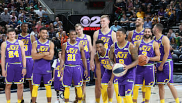 SALT LAKE CITY, UT - SEPTEMBER 28: the Utah Jazz during the meet the team event at vivint.SmartHome Arena on September 28, 2018 in Salt Lake City, Utah. Copyright 2018 NBAE (Photo by Melissa Majchrzak/NBAE via Getty Images) Utah Jazz