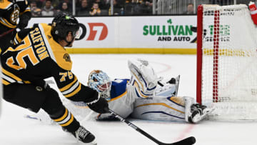 BOSTON, MASSACHUSETTS - MARCH 02: Connor Clifton #75 of the Boston Bruins scores on Ukko-Pekka Luukkonen #1 of the Buffalo Sabres during the third period at the TD Garden on March 02, 2023 in Boston, Massachusetts. (Photo by Brian Fluharty/Getty Images)
