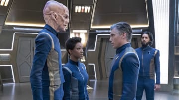 "The Sound of Thunder" -- Episode #206 -- Pictured (l-r): Doug Jones as Saru; Sonequa Martin-Green as Burnham; Anson Mount as Pike; Shazad Latif as Tyler of the CBS All Access series STAR TREK: DISCOVERY. Photo Cr: Michael Gibson/CBS ÃÂ©2018 CBS Interactive, Inc. All Rights Reserved.