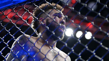 Dec 29, 2018; Los Angeles, CA, USA; Nathaniel Wood (red gloves) reacts after his loss to Andre Ewell (not pictured) during UFC 232 at The Forum. Mandatory Credit: Gary A. Vasquez-USA TODAY Sports