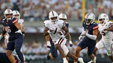 STARKVILLE, MISSISSIPPI - SEPTEMBER 09: Jo'Quavious Marks #7 of the Mississippi State Bulldogs carries the ball during the first half against the Arizona Wildcats at Davis Wade Stadium on September 09, 2023 in Starkville, Mississippi. (Photo by Justin Ford/Getty Images)